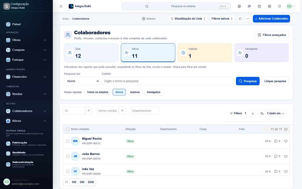 Team list with status indicators and search